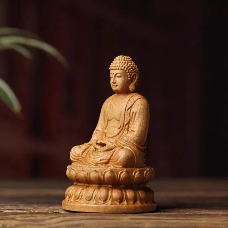 8cm Tathagata Buddha Statue Cliff Cypress Wood Handmade Carve Handicraft