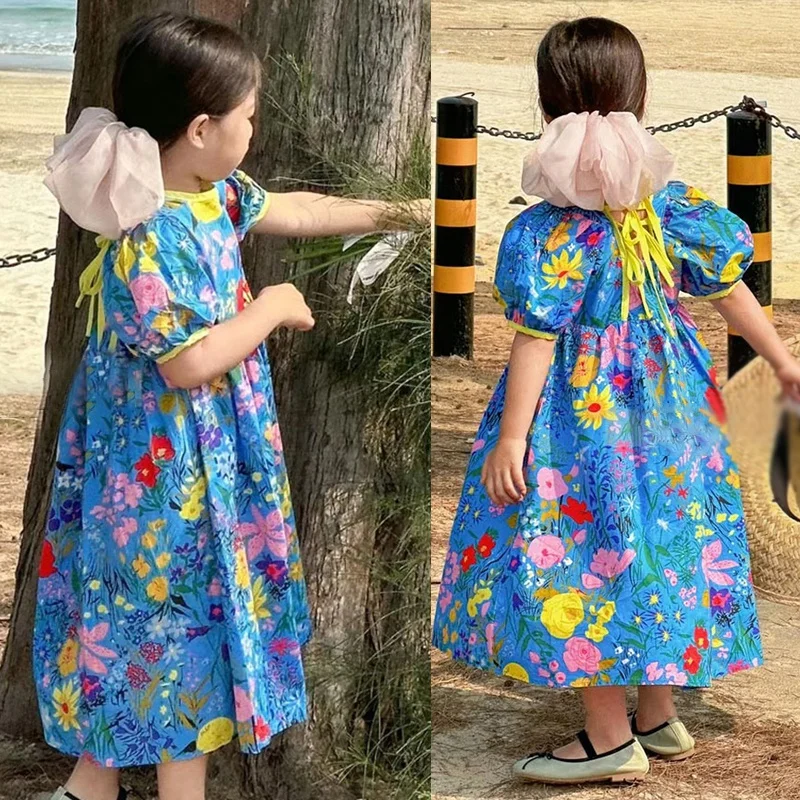 2-8T Summer Children Beach Dresses Girls Flower Print Toddler Long Dress Bohemian Style Short Puffy Sleeves Mid-calf Dresses