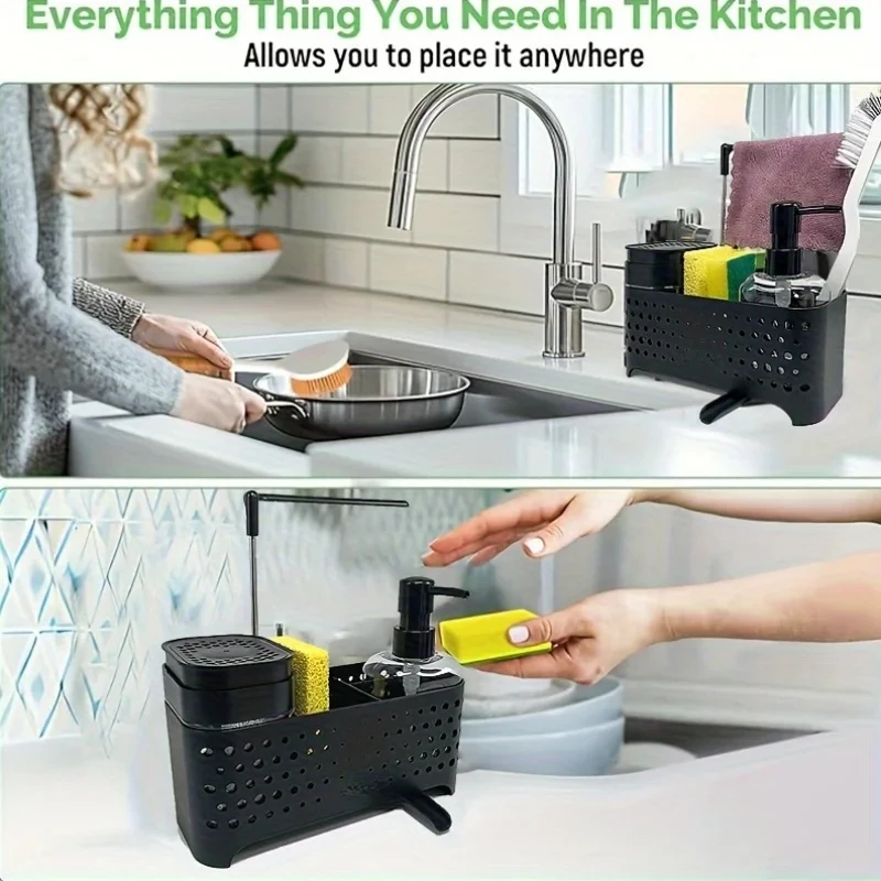 Kitchen Sink Caddy Set 5 Deep Compartments Cleaning Tools Accessories Including Soap Dispenser Towel Rack Black