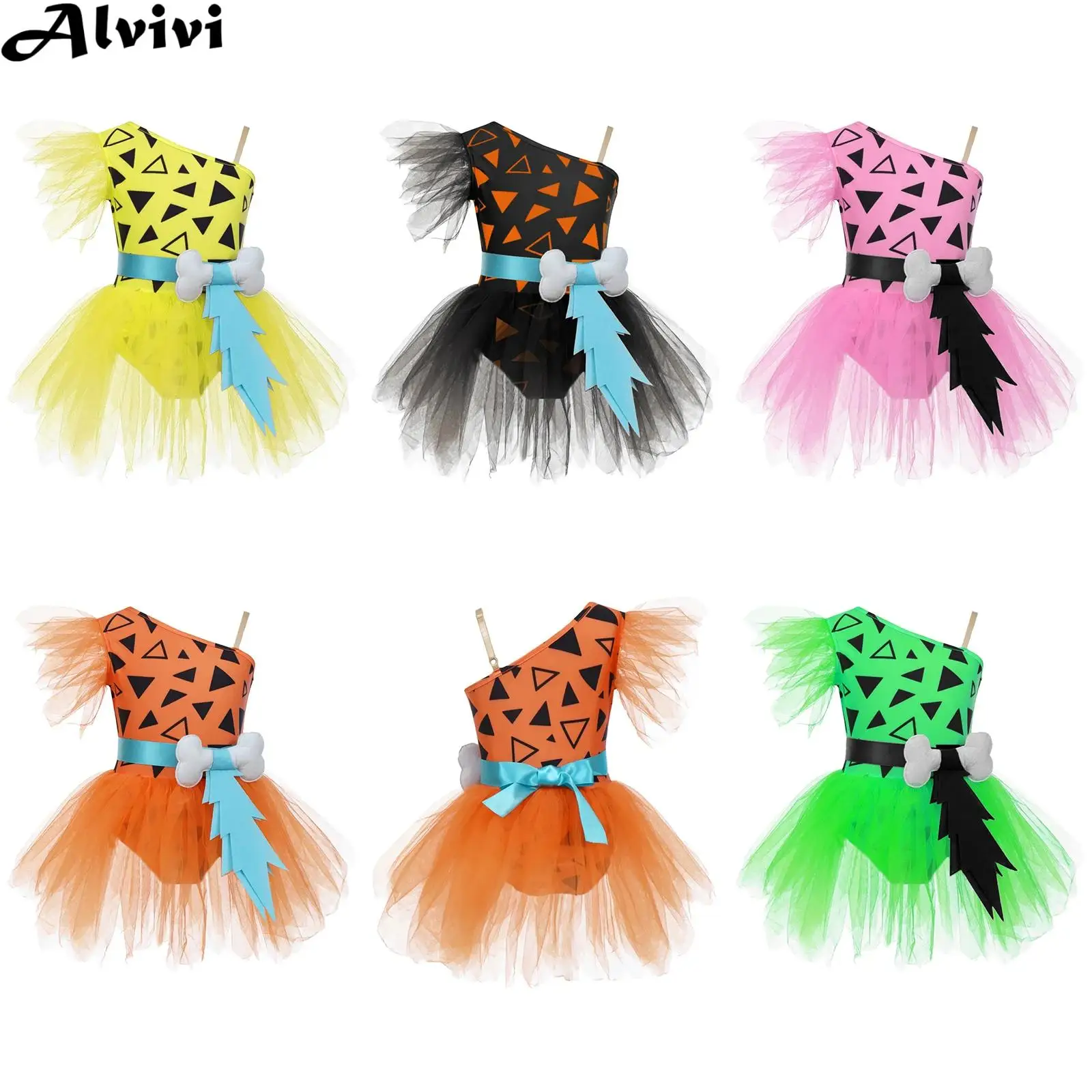 

Kids Girls 3D Bone Decor Mesh Tutu Dance Leotard Caveman Dress Halloween Party Cavegirl Flintstone Primitive Man Cosplay Costume