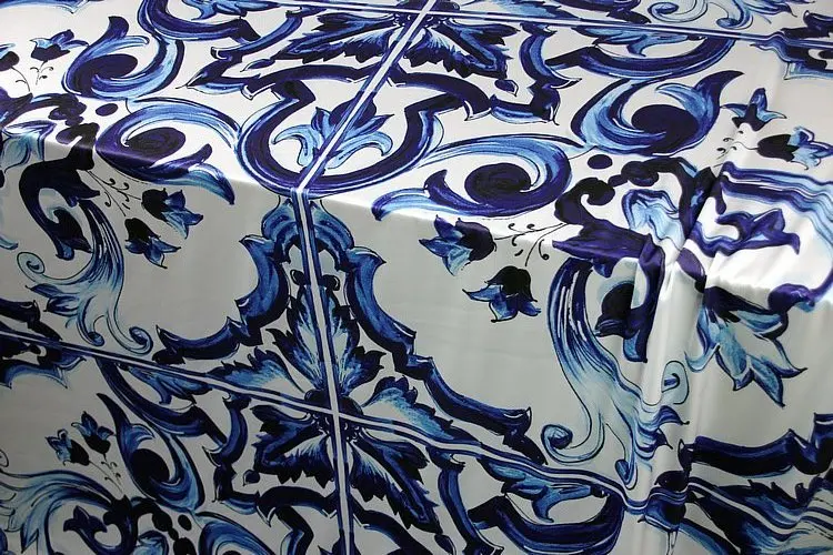 Blue and White Porcelain Series Large Flower Custom Satin Silk Fabric mulberry Textile Digital Print to Dress Home Design Sewing