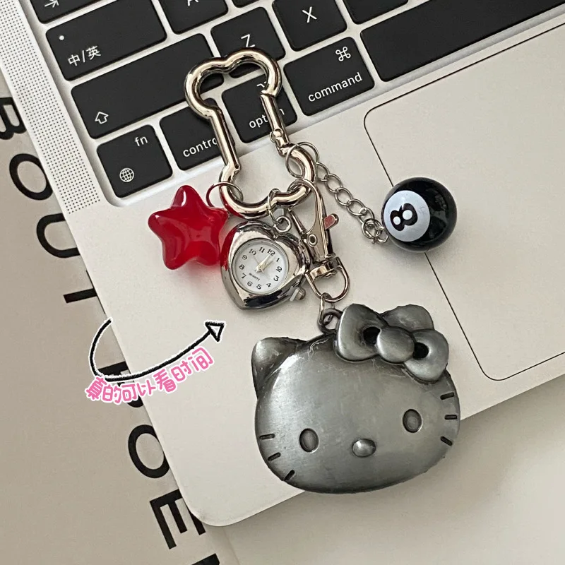 Kawaii Sanrio Hello Kitty Cartoon Retro Metal Heart Pocket Watch Keychain Cute Backpack Pendant Personalized Decoration Gifts