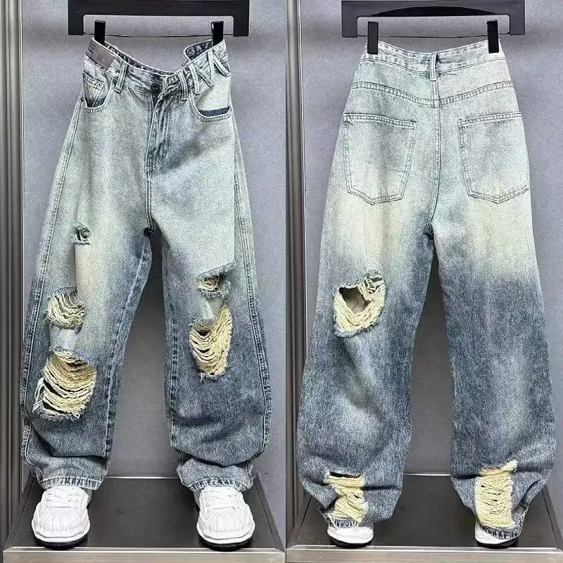 

Мужские джинсы в американском ретро-стиле с эффектом потертости, модные, свободные, прямые, широкие, в стиле High Street, драпированные, в стиле Dad Pants