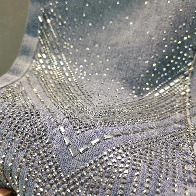 Women High Waist Rhinestone Decor Skinny Jeans Chevron Hot Drill Design Slim Fit Denim Pants with Matching Belt for Ladies