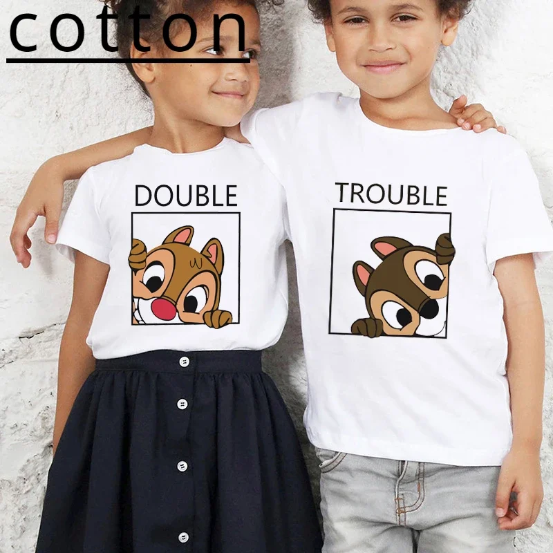 Chip and Dale Disney Kids Cotton Tshirts Cartoon Double Trouble Letter Summer Twins Tops Tees Boy Girl Best Friends Baby Clothes