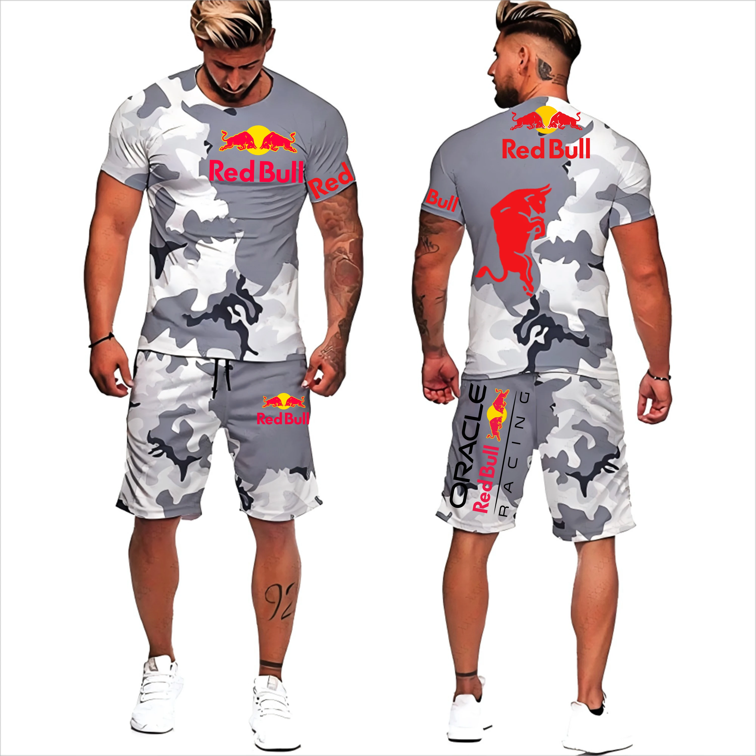 2025 Nieuwe Zomer Red Bull Racing 3D Gedrukt Heren Camouflage T-shirt Shorts Sportkleding Ronde Hals Korte Mouw Set Kinderset