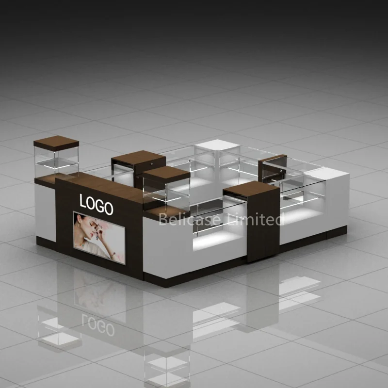 （customized）New Trendy Shopping Mall Kiosk Display Counter Jewelry Retail Store  Furniture Wooden Glass Showcase Jewellery Kiosk