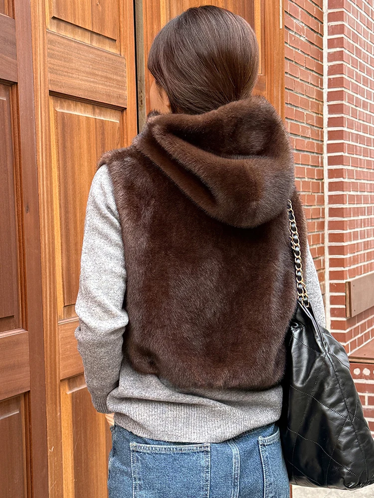 

Женский осенне-зимний свободный жилет без рукавов с капюшоном из искусственного норкового волоса, верхняя одежда, женская шаль из искусственного меха на молнии, короткий жилет, топ