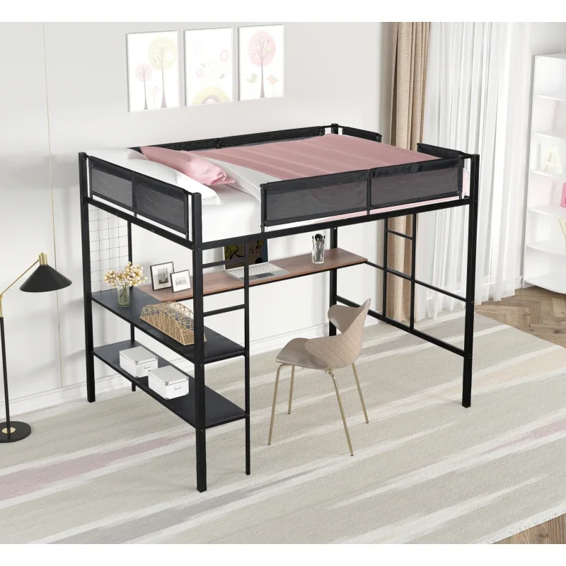 High Quality Metal Full Size Loft Bed with Desk & Shelves/ Sturdy Metal Bed Frame/ Noise-free Wood Slats/ Built-in Desk