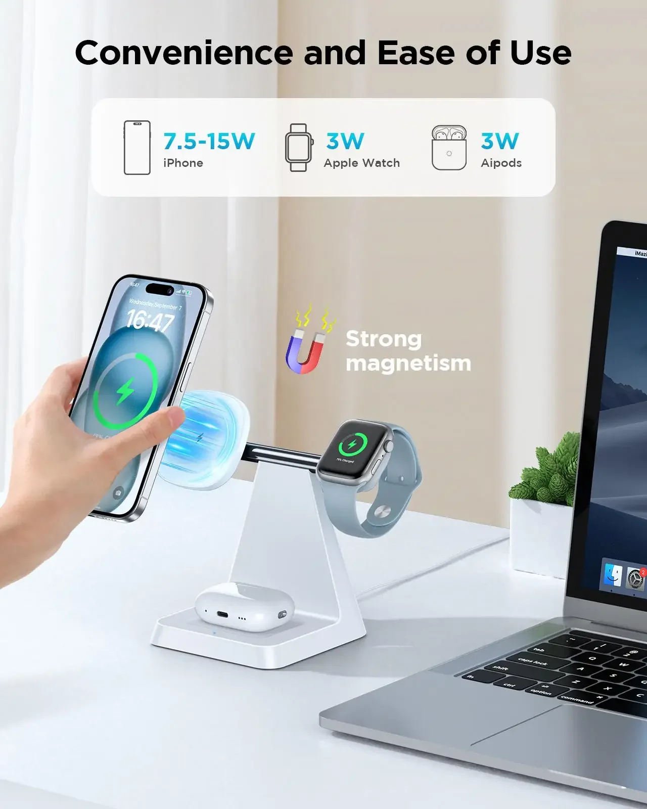 Magnetic Wireless Charger for iPhone -3-in-1 Magnetic Safe Charging Station for Various Apple Devices - Detail 1