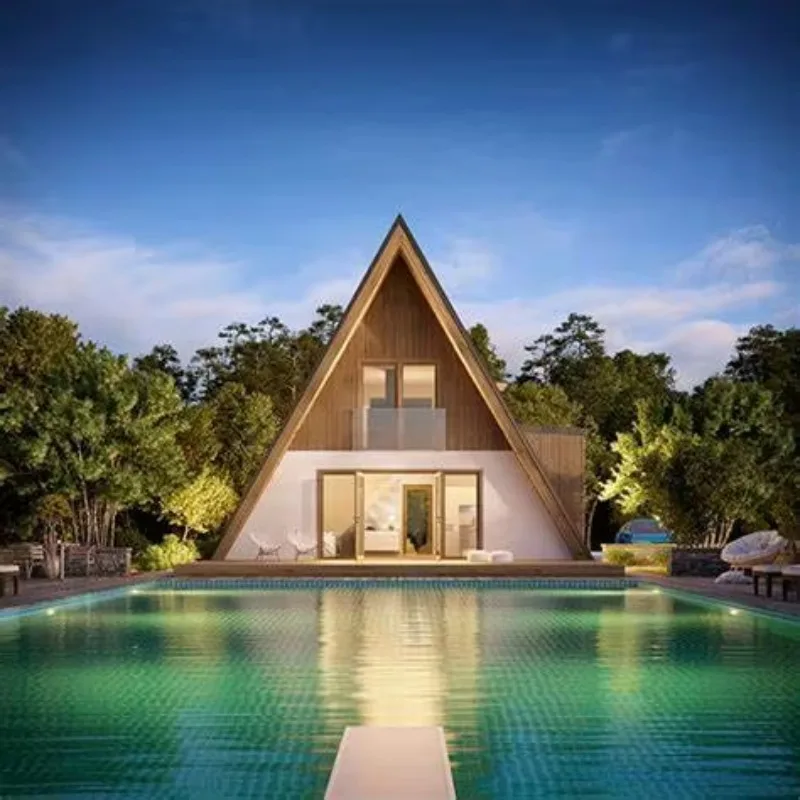 Triangular Wooden Hut Prefabricated Shelter Wood Frame Cabin for Beachfront Vacation Custom Cabin Rental Coastal Resort Design