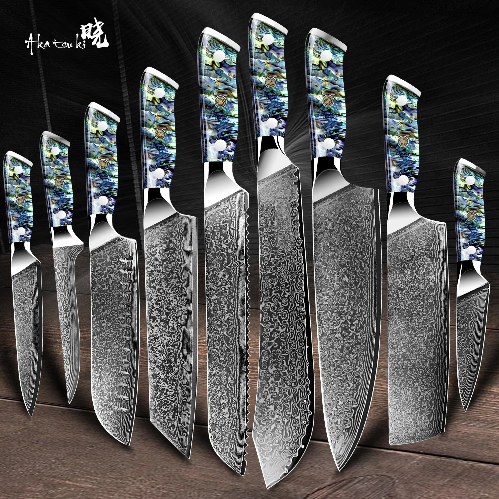 Damascus Knife/1-9PCS VG10 Stainless Steel Professional Chef Knife Japanese Santoku Boning Cleaver Bread G10Handle Kitchen Knife