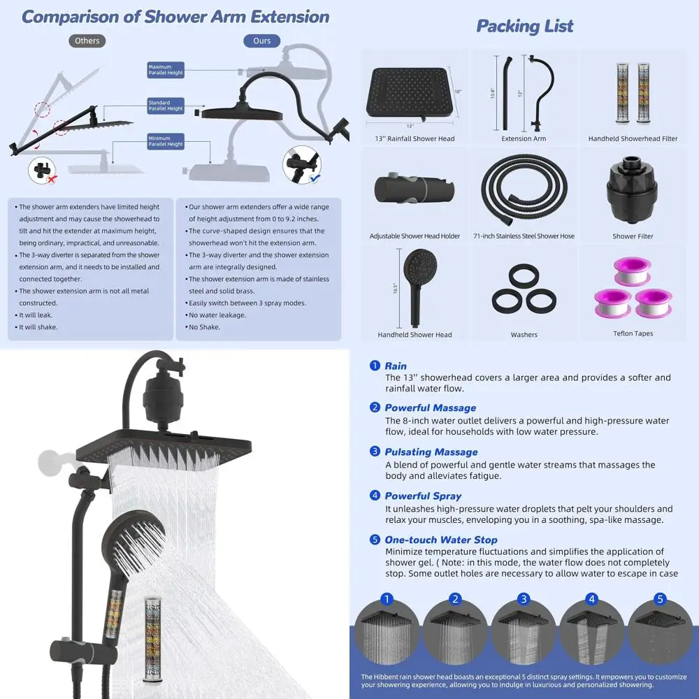 13'' High-Pressure Shower Head with 10 Modes, Metal 3-Way Diverter, 71'' Hose, Oil-Rubbed Bronze
