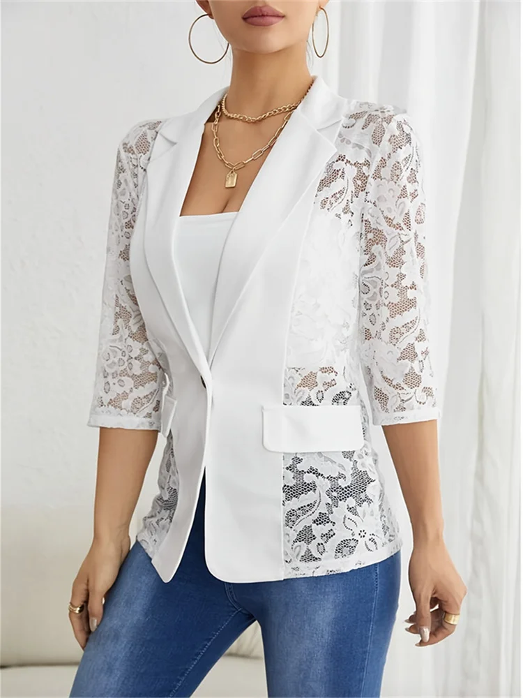 

2025 Fashion Spring Summer Lace Stitching Small Suit Jacket Women's Casual Blazer Elegant Coat Streetwear Tops Lady Slim Blazers