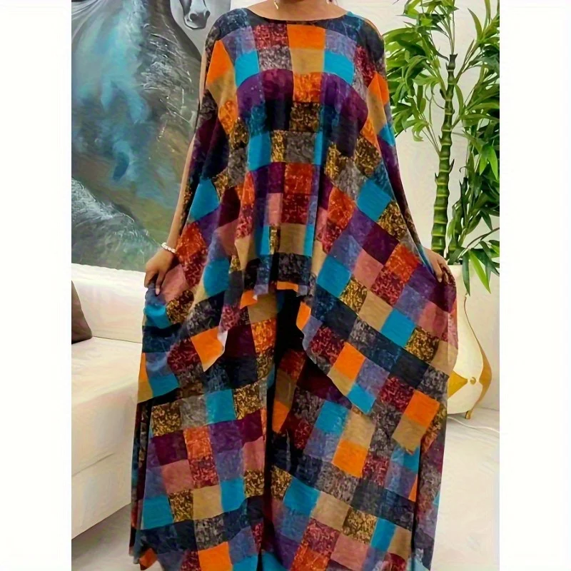 Casual Street Daily Elegant Vacation Plaid Print Contrasting Color O Collar Two Pieces