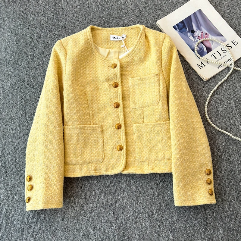 

Spring Autumn Small Fragrance Coarse Tweed Jacket Multi Pocket Round Neck Gold Buckle Long Sleeved short Coat top for women