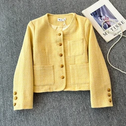 Spring Autumn Small Fragrance Coarse Tweed Jacket Multi Pocket Round Neck Gold Buckle Long Sleeved short Coat top for women