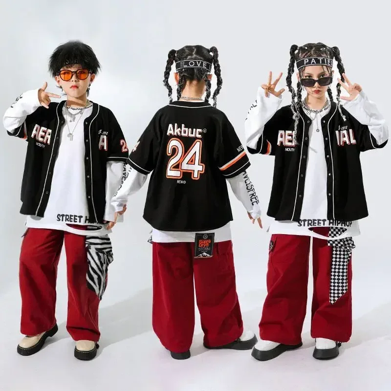 Girls Short Sleeve Shirt Cargo Pant Tracksuit Kids Children Streetwear Sports Jazz Hip Hop Baseball Sets Shirt Pant Teenage Boys