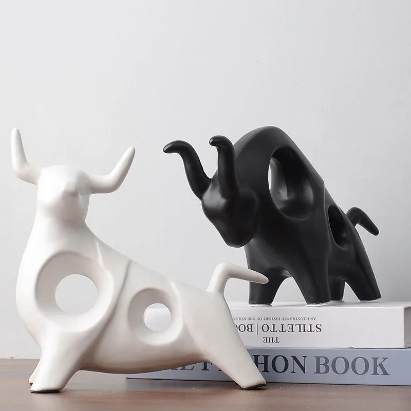 Ceramic Bull Statue for Home Office Decor Nordic Minimalist Figurine for Living Room Bookshelf Bar Cabinet and Entryway Display