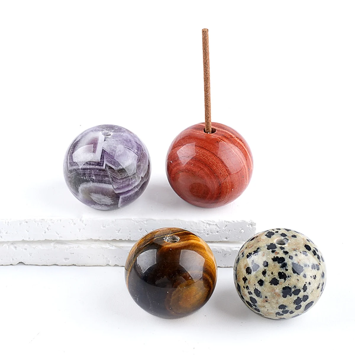 Natural 25mm Stone Ball Incense Stick Burner Holder Healing Crystal Decoration for Home Yoga 3PCS In Velvet Bag