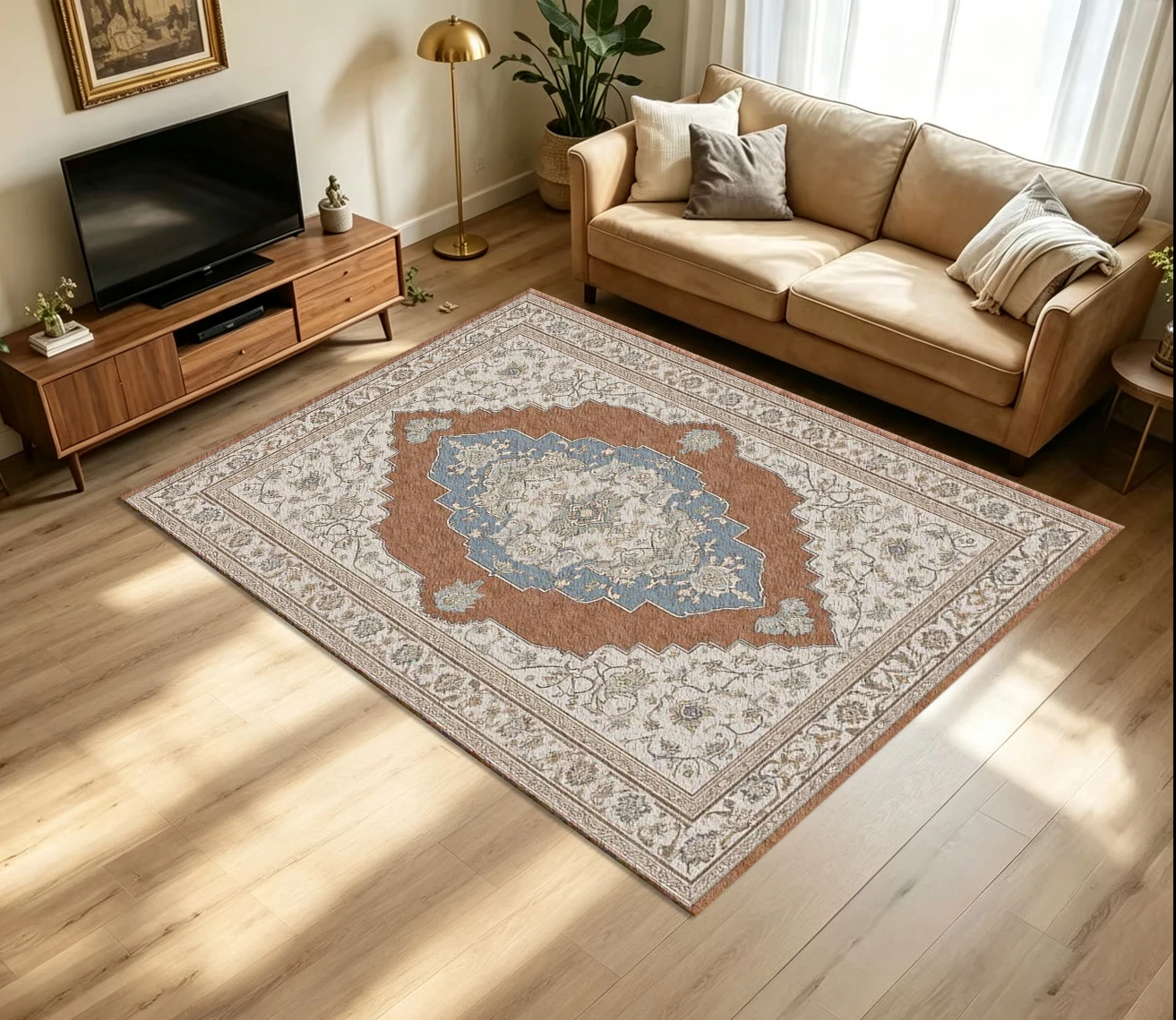 Classic Persian Medallion Carpet Flooring Terracotta Blue Cream Vintage Ornate Floral Scroll Border Symmetric Art Pattern Printed Floor Rug for Household Indoor Traditional Home Decor