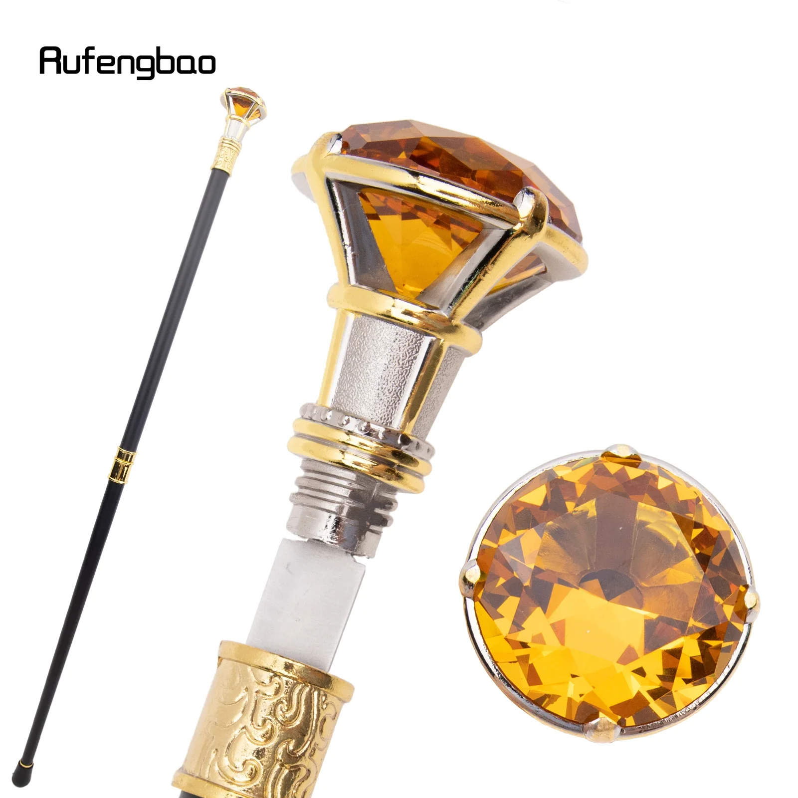 Orange Diamond Type Golden White Walking Stick with Hidden Plate Self Defense Fashion Cane Plate Cosplay Crosier Stick 90cm