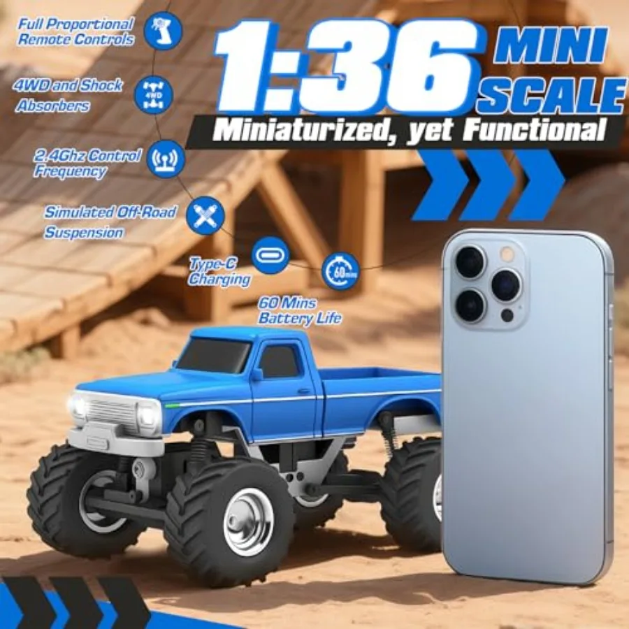 2026 Upgrade 1/36 Mini RC Crawler for off-road use, ABS plastic body in blue, durable and responsive RTR 2.4GHz control with 4W