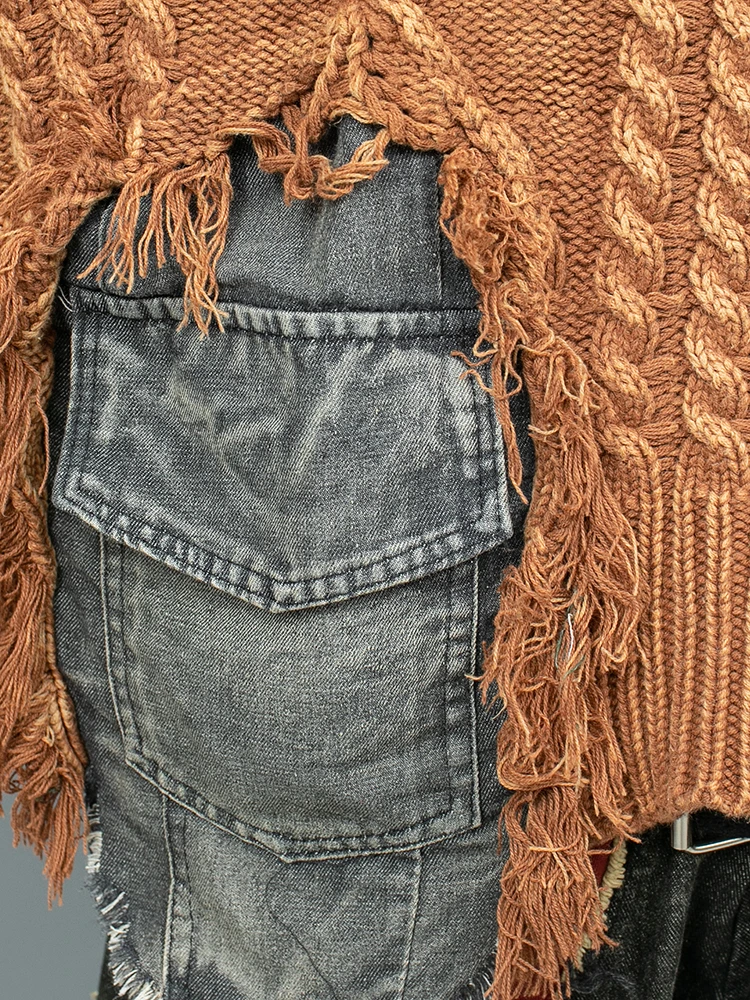 Fried Dough Twists Wool Splicing Denim Sweater + Big Crotch Pants Two-piece Women 2024 Autumn Cool Pant Set LX2342