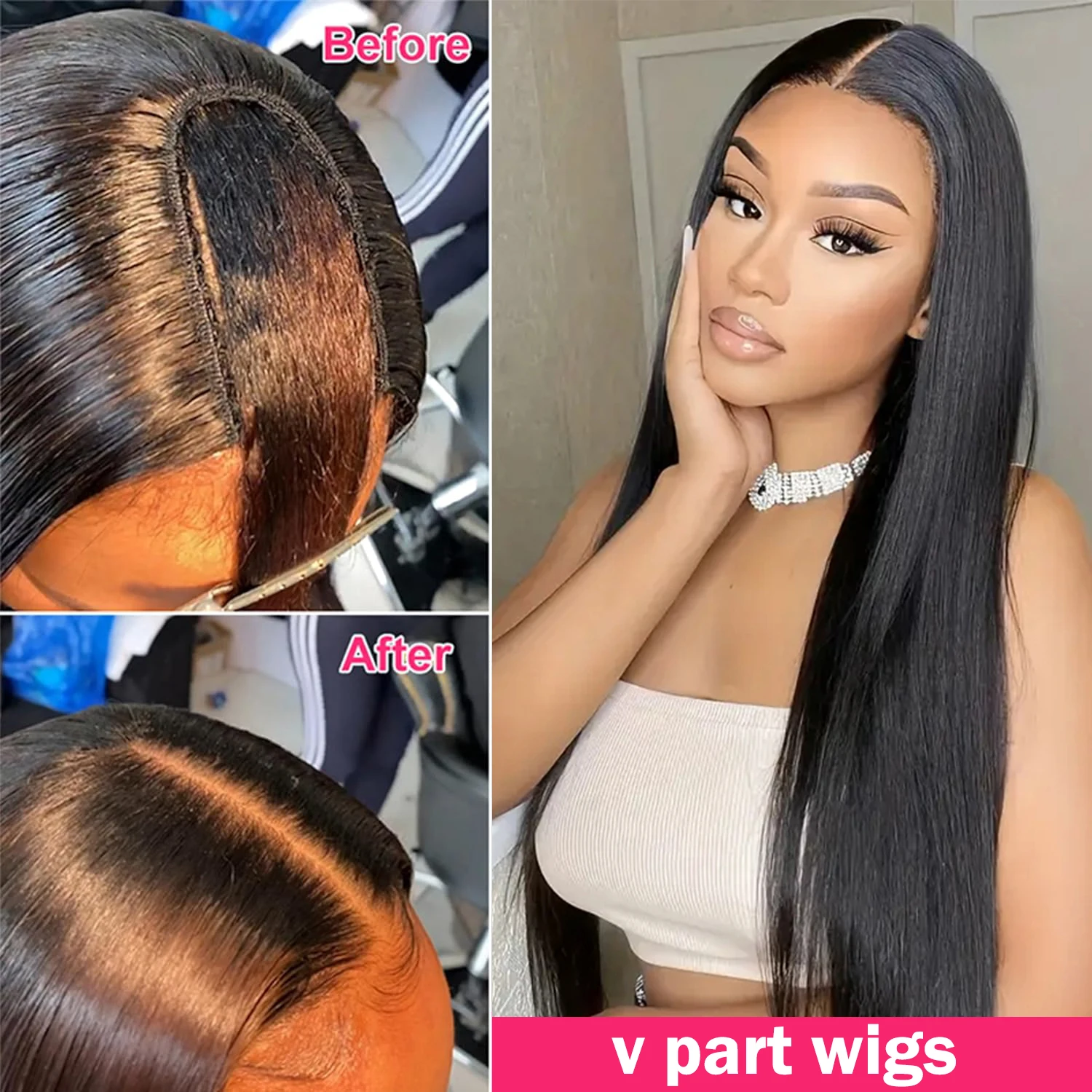 24 인치 V 부분 인간의 머리 가발 스트레이트 100% 인간의 머리 가발 여성용 V 부분 가발 레미 헤어 하프 가발 인간의 머리카락 자연 바느질 없음