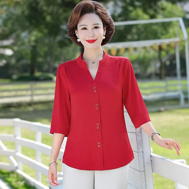 Women Spring Summer Blouses Shirts Lady Fashion Casual Half Sleeve V-Neck Collar Solid Color Middle-aged mother Blusas Tops