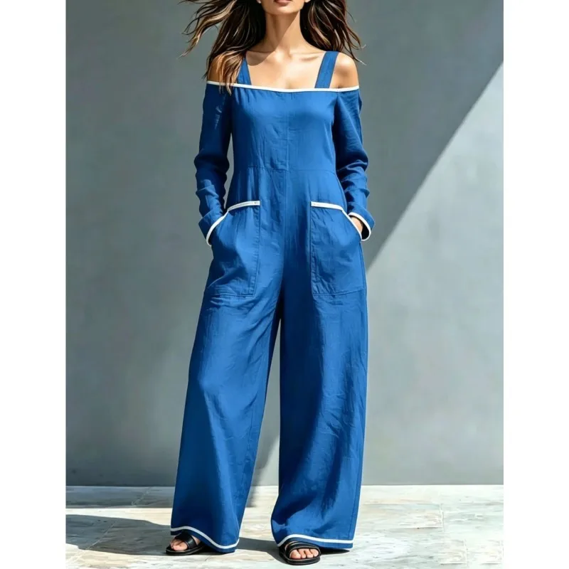 Foreign Style Color Blocked Jumpsuit Women's Spring Autumn Fashion Long Sleeved One Shoulder Wide Leg Overalls Casual Streetwear