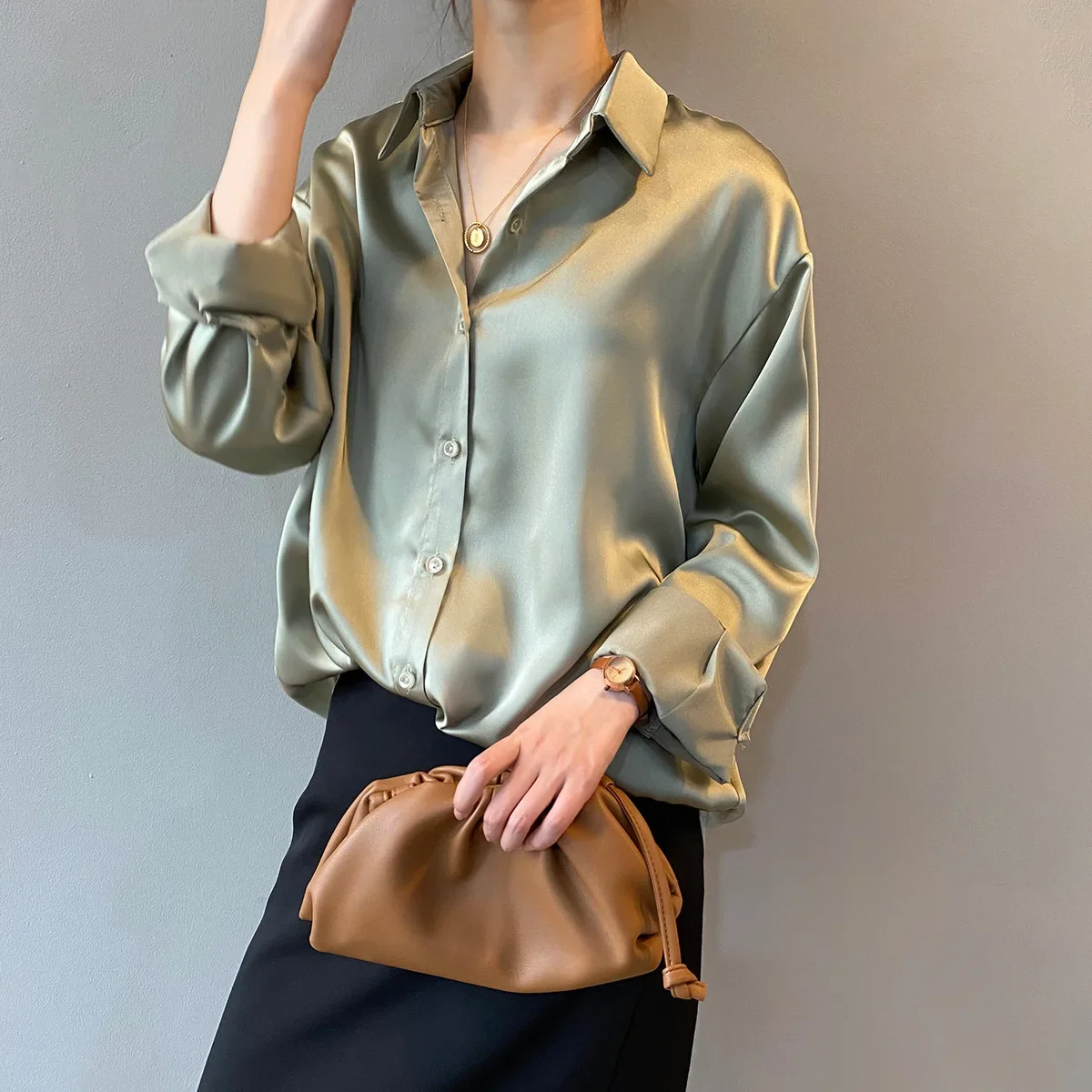 

Women Clothing Shirt 2024 Autumn New Fashionable Korean Style Solid Color Temperament Relaxed Slimmer Long-sleeved Lapel Shirt