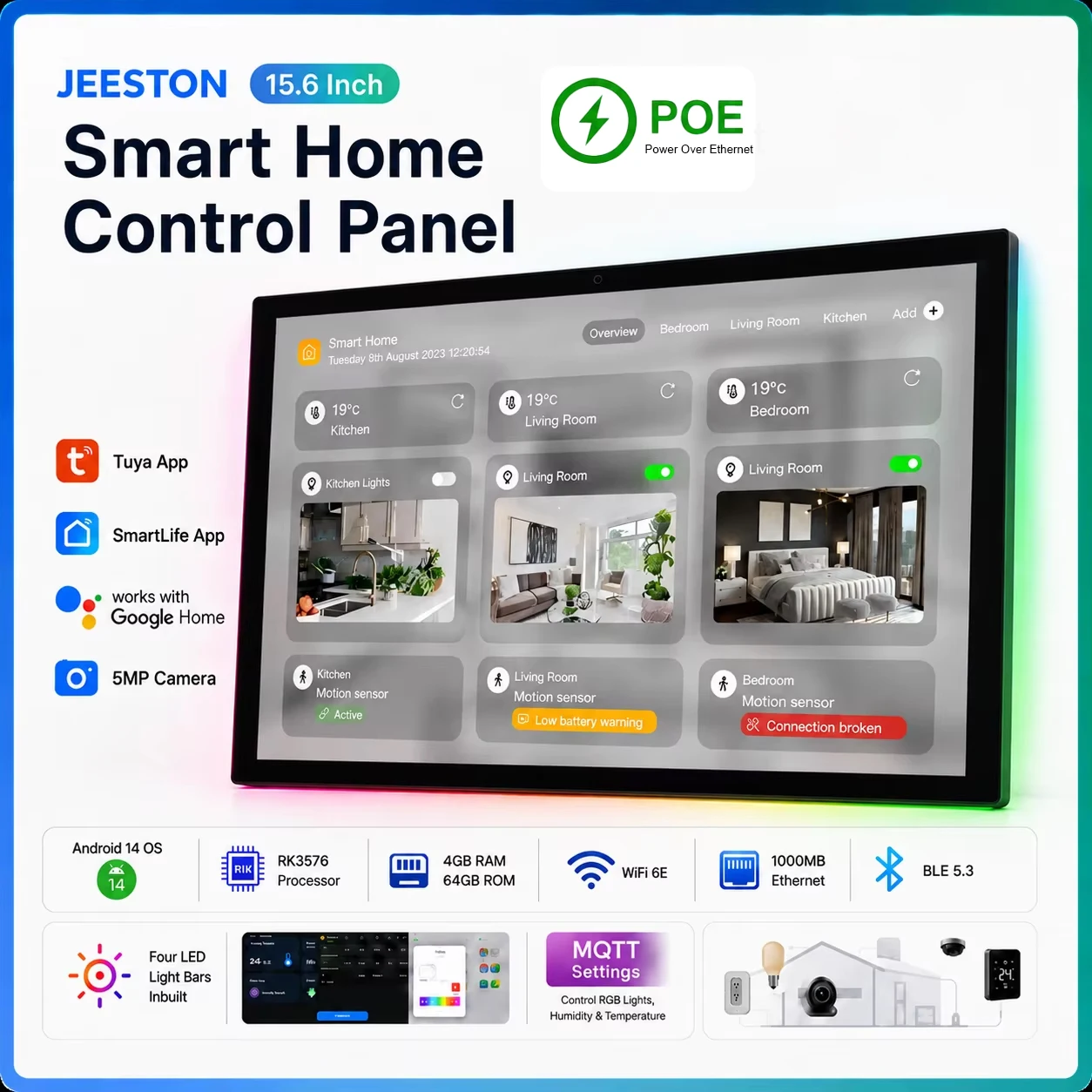 Inwall 15.6 Inch Smart Home Control Panel Android 14 POE Tablet 4G+64G LED lights Relay, RS232, RS485 Home Assistant Unit