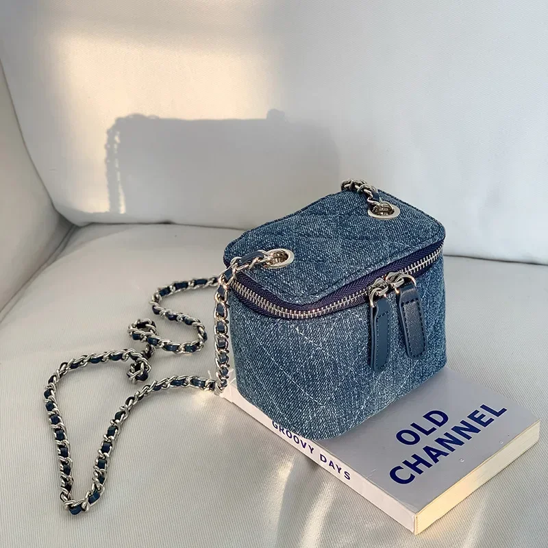 

Mini Square Shoulder Bags Denim For Women Vintage Fashion Small Crossbody Bag Lingge Fashion Chain Box Bag Clutch Purse
