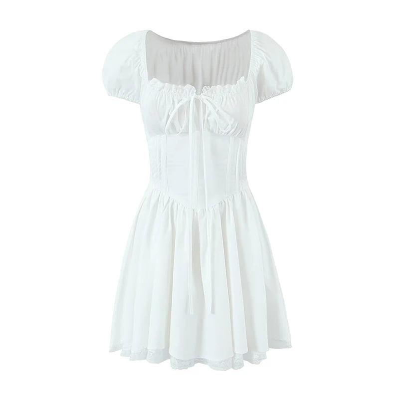 Yenkye-vestido feminino com cordões de manga curta, enfeite de renda doce, vestido branco fino, festa de férias, roupinha casual de algodão, novo, verão