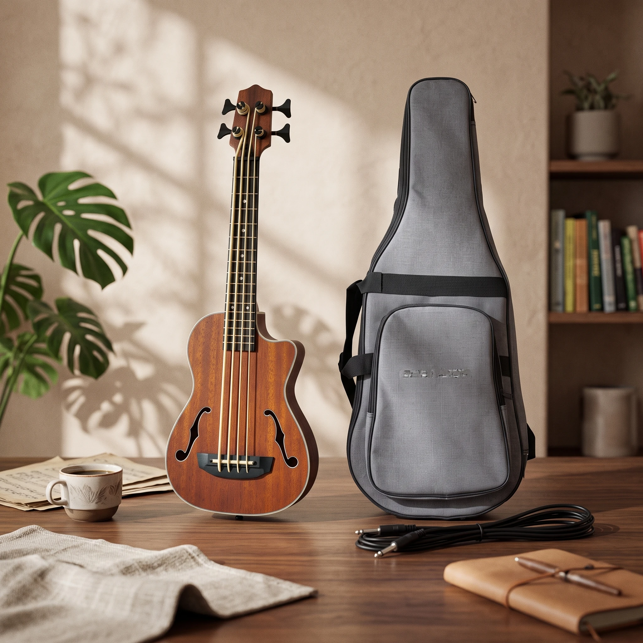 Compact Bass Guitar with Pickup Cutaway Compact Bass Instrument Comfortable Full-Bodied for Beginners, Travel, Home Practice