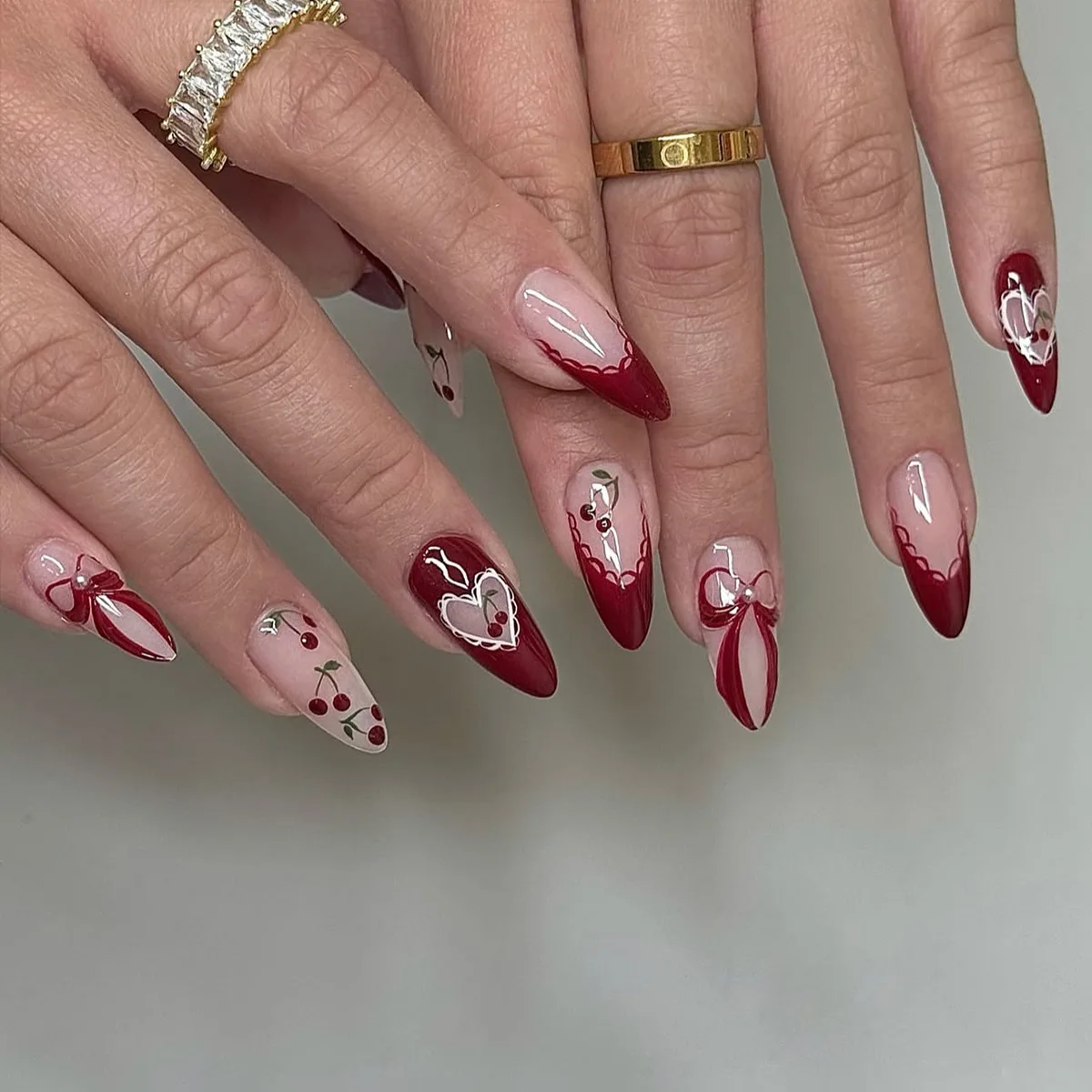 

24Pcs Mid-length Almond False Nails Press on Red Lace French Wearable Full Cover Nails Tips Cherry Bow Heart Pearl Fake Nail Art