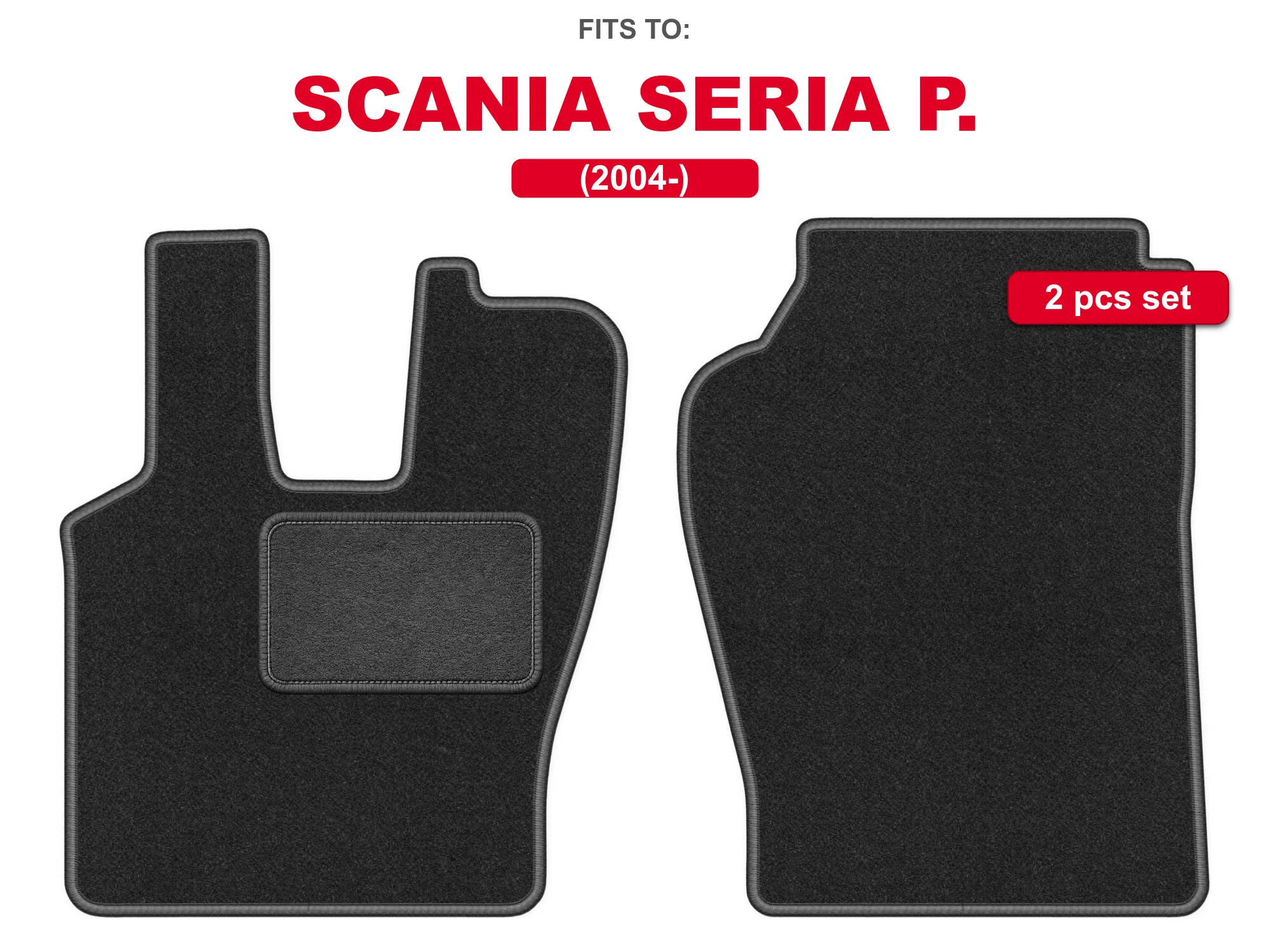 Velours autovloermatten voor: Scania P-serie. 2004-auto-geïnstalleerde grafietkleurige automattenset voor vrachtwagens