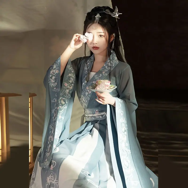 Hanfu traditionnel chinois pour femmes, tenue de scène cosplay, vêtements de scène, costume vers le haut, robe traînante imbibée