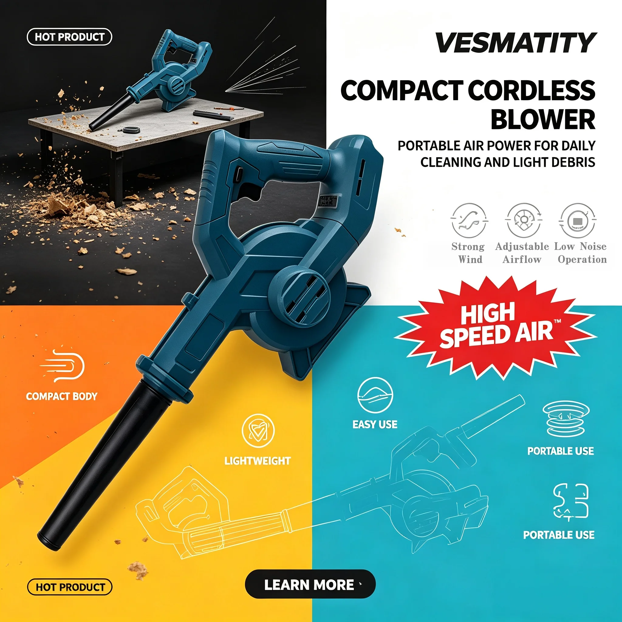VESMATITY Cordless Leaf Blower For Computer Dust Collector Dust Snow Blowing Hand Power Tools For 18V Battery(No Battery)