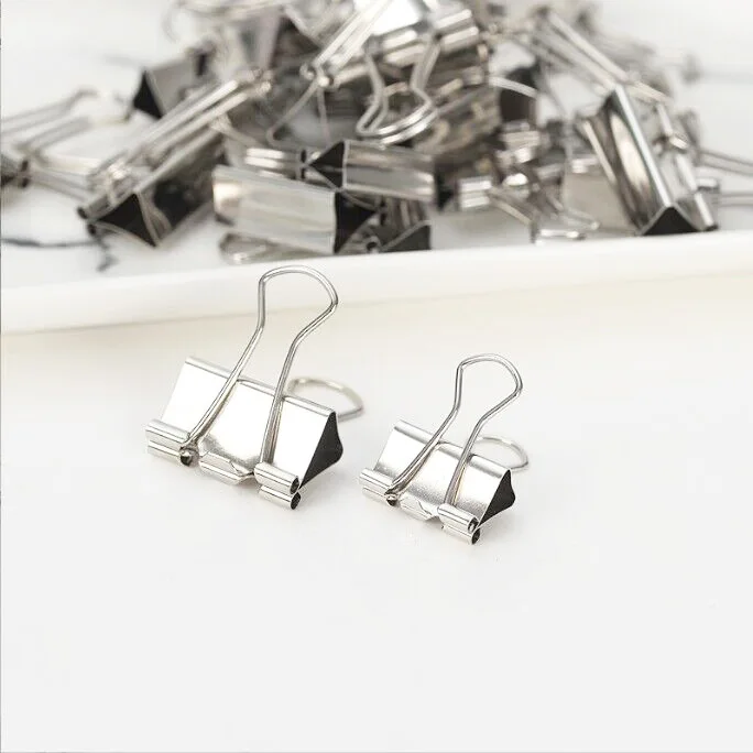 

10PCS/Set Metal Paper Clip 15 19 25 32mm Foldback Metal Binder Clips Silver Grip Clamps Paper Document Office School Stationery