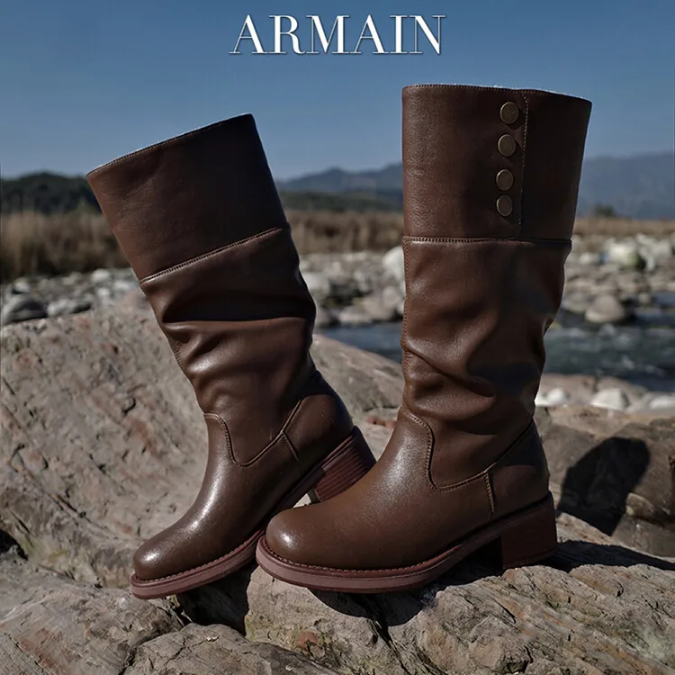 Botas de vaquero occidentales con hebilla de Metal de estilo Punk para mujer, botas de nieve gruesas, tacón cuadrado de cabeza redonda Retro, botas informales