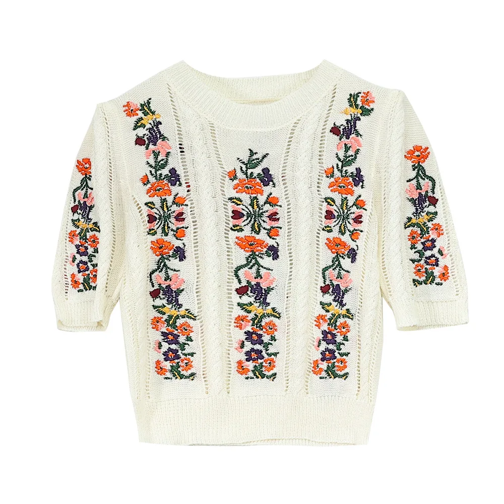 2024 Autumn New Heavy Industry Hook Flower Embroidery Knitted Sweater Versatile Bubble Sleeve Round Neck Women's Sweater Top