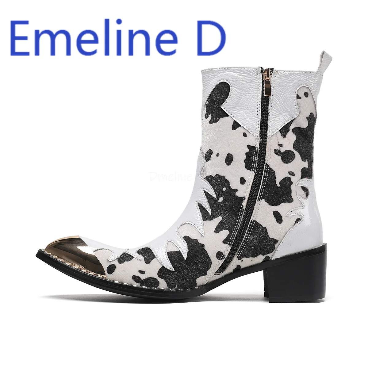 

Leopard Print Men's Fashionable Iron Pointed Splicing Breathable White and Black Side Zipper Design Casual Short Leather Boots