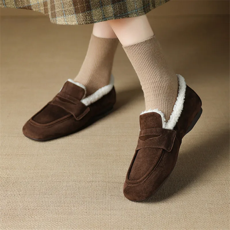 New Autumn/Winter Sheep Suede Women Shoes Fashion Square Toe Shoes for Women Low Heels Women Pumps Leisure Loafers Handmade view 2