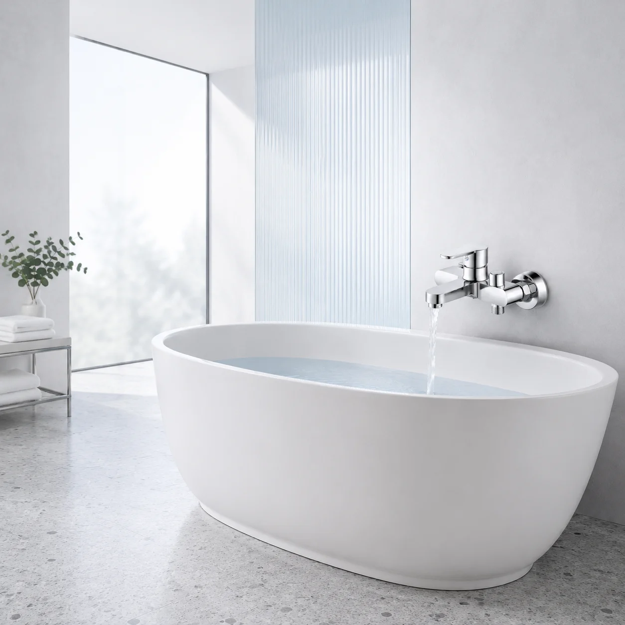 Chrome Wall Mounted Bathtub Faucet, Hot Cold Water Mixer Tap with Push Button Diverter, Dual Outlet Bathroom Tub Shower Fixture