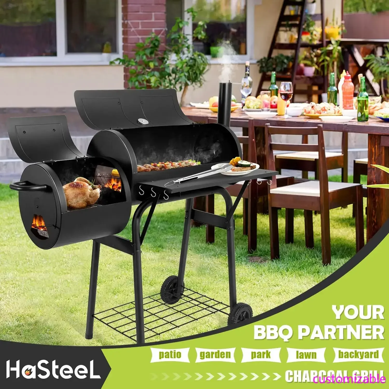 

Угольный гриль со смещением курильщика, уличный гриль-барбекю, кемпинговый гриль-барбекю для патио, заднего двора, сада, вечеринки, пикника