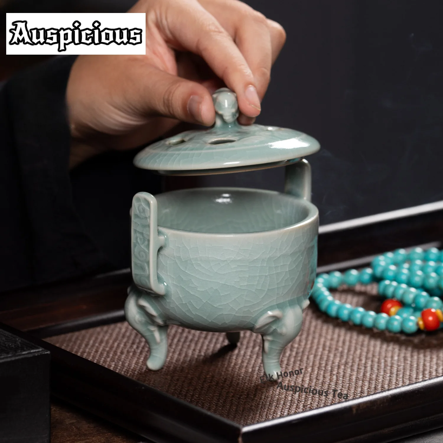 Longquan Celadon Elephant Trunk Tripod Incense Holder Incense Smoke Waterfall Incense Burners Consecrate Censer Chinese Craft