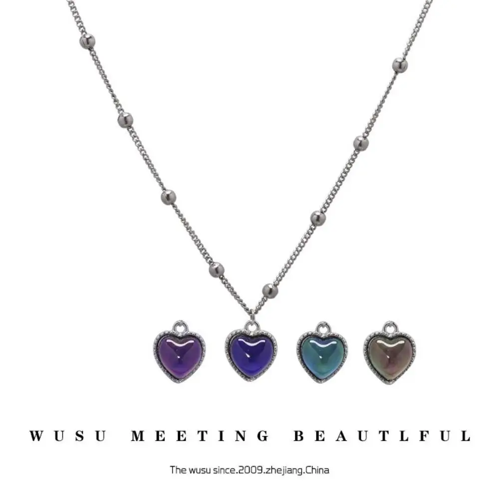Cute Stainless Steel Heart Mood Pendant Necklace Silver Gift Necklace Color Change Peach Heart Chain