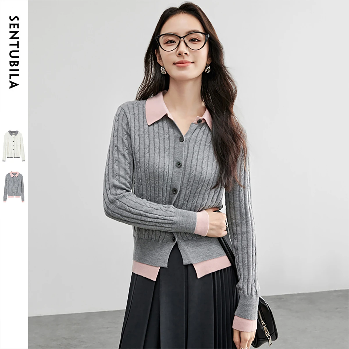 

SENTUBILA Patchwork 2 In 1 Pullovers Wool Blend Slim POLO Neck Long Sleeve Spliced Short Knitwear Female Clothing W51H58268